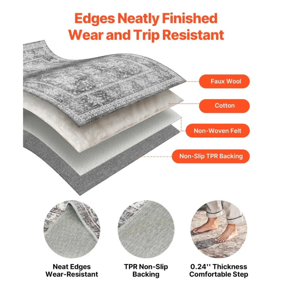 VEVOR Area Rug, 8 x 10 ft Large Washable Rug, Non-Slip and Tear-Resistant Soft Carpet, Pet & Child Friendly Vintage Area Rugs, Indoor Mat for Bedroom, Living Room, Kids Room, Entryway, Office, Gray
