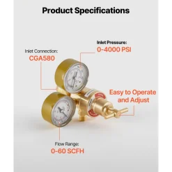VEVOR Argon Regulator Gauge, Argon CO2 Regulator Welding Gas Gauges for TIG/MIG Welding - with 8.2FT Rubber Hoses, 0-60 SCFH, 0-4000 PSI Inlet Pressure, CGA580 Inlet Connection