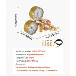 VEVOR Argon Regulator Gauge, Argon CO2 Regulator Welding Gas Gauges for TIG/MIG Welding - with 8.2FT Rubber Hoses, 0-60 SCFH, 0-4000 PSI Inlet Pressure, CGA580 Inlet Connection