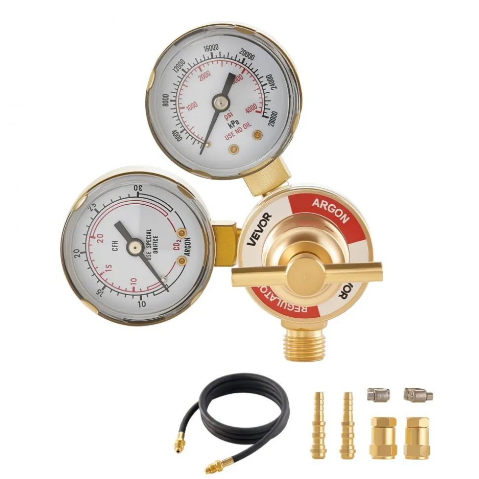 VEVOR Argon Regulator Gauge, Argon CO2 Regulator Welding Gas Gauges for TIG/MIG Welding - with 8.2FT Rubber Hoses, 0-60 SCFH, 0-4000 PSI Inlet Pressure, CGA580 Inlet Connection