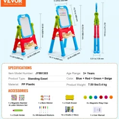 VEVOR Art Easel for Kids, 2-in-1 Double-Sided Kid's Art Easel with Magnetic Whiteboard & Chalkboard, Adjustable Standing Rotatable Removable Drawing Board with Painting Accessories for Boys and Girls
