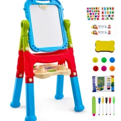 VEVOR Art Easel for Kids, 2-in-1 Double-Sided Kid's Art Easel with Magnetic Whiteboard & Chalkboard, Adjustable Standing Rotatable Removable Drawing Board with Painting Accessories for Boys and Girls