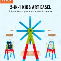 VEVOR Art Easel for Kids, 2-in-1 Double-Sided Kid's Art Easel with Magnetic Whiteboard & Chalkboard, Adjustable Standing Rotatable Removable Drawing Board with Painting Accessories for Boys and Girls