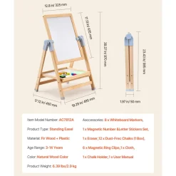 VEVOR Art Easel for Kids, 2-in-1 Wooden Double-Sided Kid's Art Easel with Magnetic Whiteboard & Chalkboard, Adjustable Standing Rotatable Foldable Drawing Board with Painting Accessories for Boy Girl