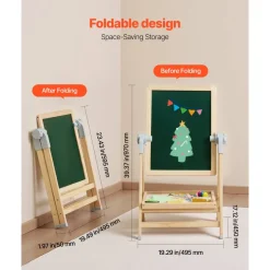 VEVOR Art Easel for Kids, 2-in-1 Wooden Double-Sided Kid's Art Easel with Magnetic Whiteboard & Chalkboard, Adjustable Standing Rotatable Foldable Drawing Board with Painting Accessories for Boy Girl