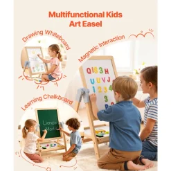 VEVOR Art Easel for Kids, 2-in-1 Wooden Double-Sided Kid's Art Easel with Magnetic Whiteboard & Chalkboard, Adjustable Standing Rotatable Foldable Drawing Board with Painting Accessories for Boy Girl