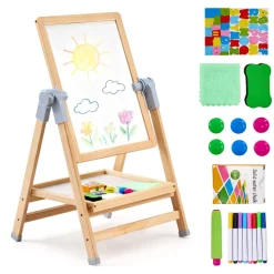 VEVOR Art Easel for Kids, 2-in-1 Wooden Double-Sided Kid's Art Easel with Magnetic Whiteboard & Chalkboard, Adjustable Standing Rotatable Foldable Drawing Board with Painting Accessories for Boy Girl