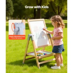 VEVOR Art Easel for Kids, 2-in-1 Wooden Double-Sided Kid's Art Easel with Magnetic Whiteboard & Chalkboard, Adjustable Standing Rotatable Foldable Drawing Board with Painting Accessories for Boy Girl