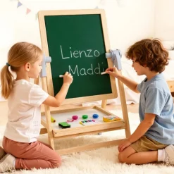 VEVOR Art Easel for Kids, 2-in-1 Wooden Double-Sided Kid's Art Easel with Magnetic Whiteboard & Chalkboard, Adjustable Standing Rotatable Foldable Drawing Board with Painting Accessories for Boy Girl
