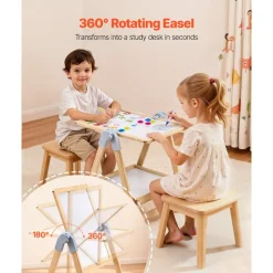 VEVOR Art Easel for Kids, 2-in-1 Wooden Double-Sided Kid's Art Easel with Magnetic Whiteboard & Chalkboard, Adjustable Standing Rotatable Foldable Drawing Board with Painting Accessories for Boy Girl
