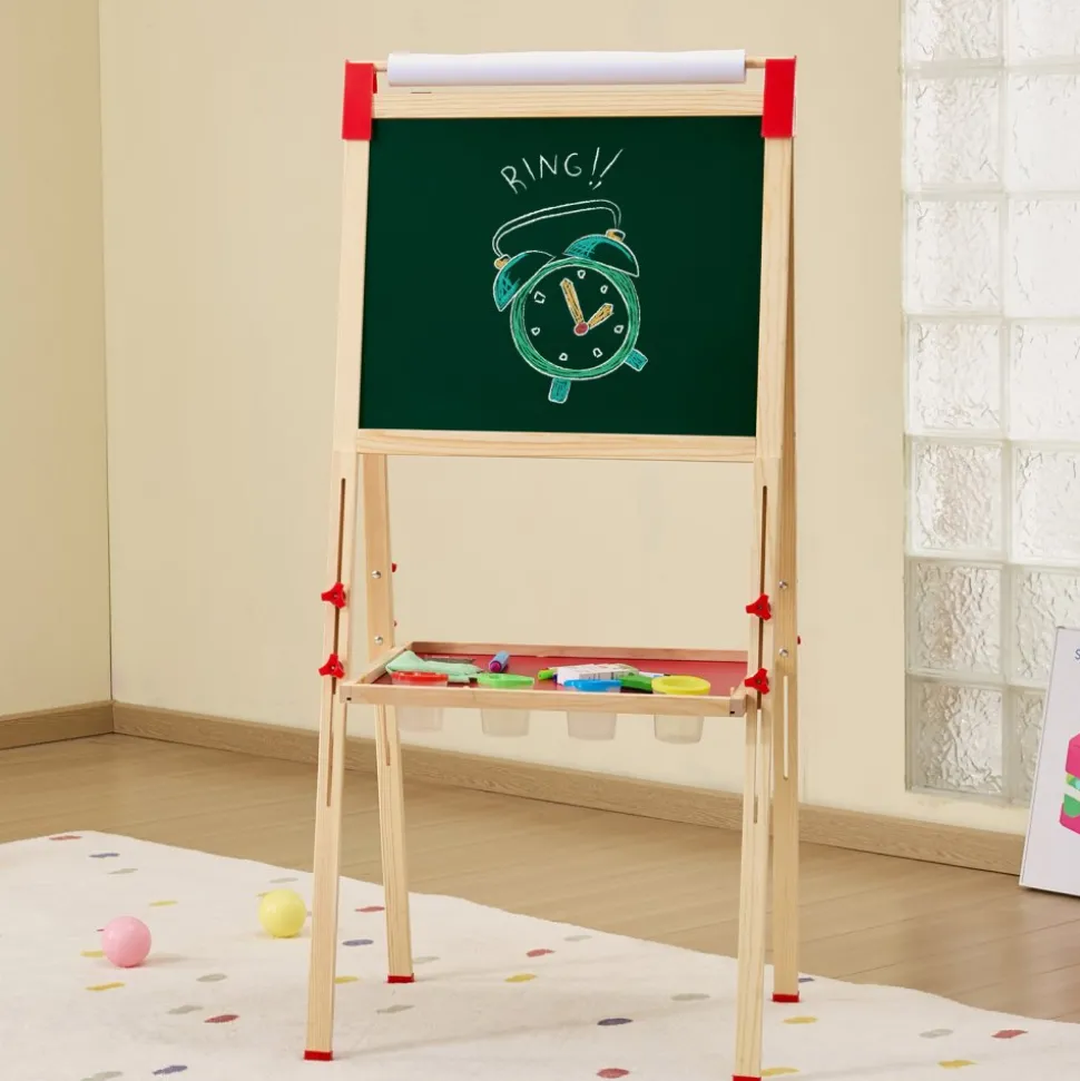 VEVOR Art Easel for Kids, 3-in-1 Wooden Double-Sided Kid's Art Easel with Magnetic Whiteboard, Chalkboard & Paper Roll, Adjustable Standing Drawing Board with Painting Accessories for Boys and Girls