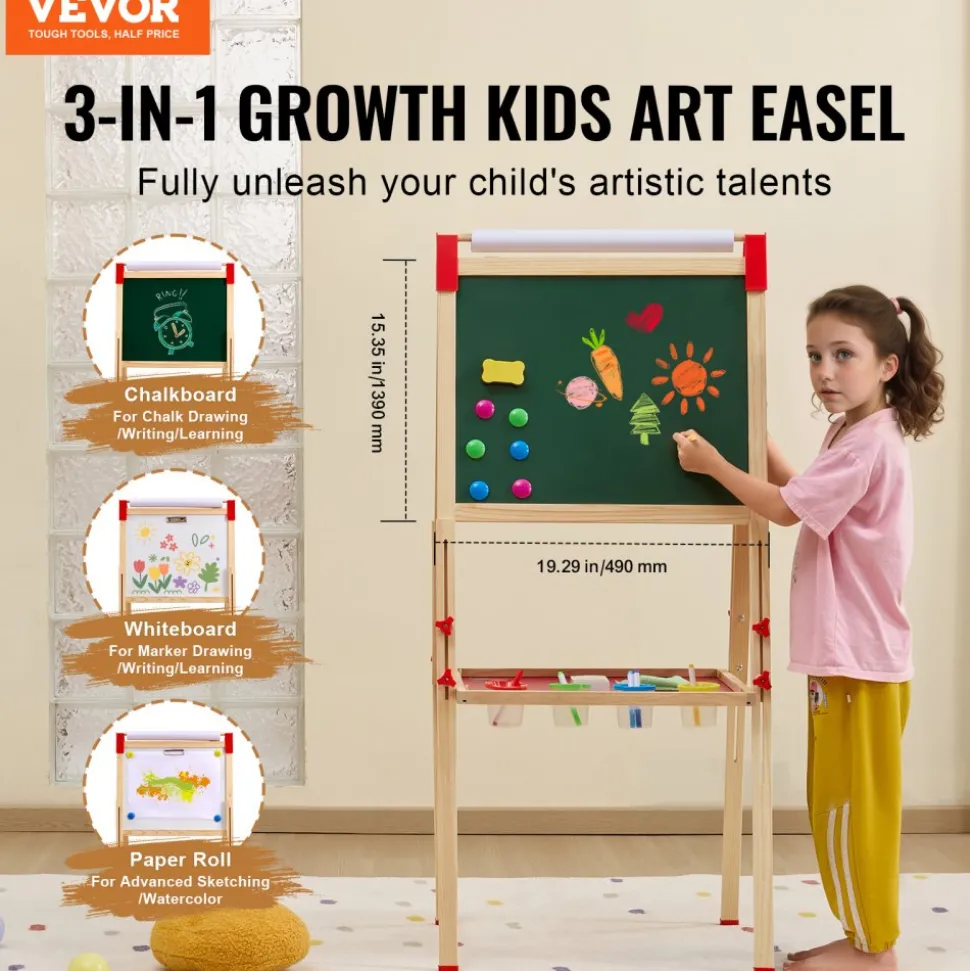 VEVOR Art Easel for Kids, 3-in-1 Wooden Double-Sided Kid's Art Easel with Magnetic Whiteboard, Chalkboard & Paper Roll, Adjustable Standing Drawing Board with Painting Accessories for Boys and Girls