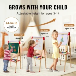VEVOR Art Easel for Kids, 3-in-1 Wooden Double-Sided Kid's Art Easel with Magnetic Whiteboard, Chalkboard & Paper Roll, Adjustable Standing Drawing Board with Painting Accessories for Boys and Girls