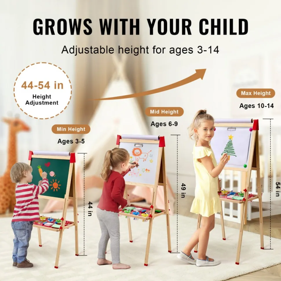 VEVOR Art Easel for Kids, 3-in-1 Wooden Double-Sided Kid's Art Easel with Magnetic Whiteboard, Chalkboard & Paper Roll, Adjustable Standing Drawing Board with Painting Accessories for Boys and Girls