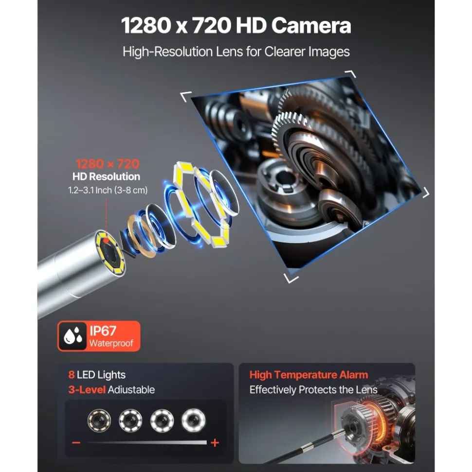 VEVOR Articulating Borescope Camera with Light, Two-Way Articulated Endoscope, 0.24" Slim Lens, 4.3" IPS Screen, 8X Zoom, IP67 Waterproof Inspection Camera for Auto, Mechanical Equipment (4.9FT Cable)