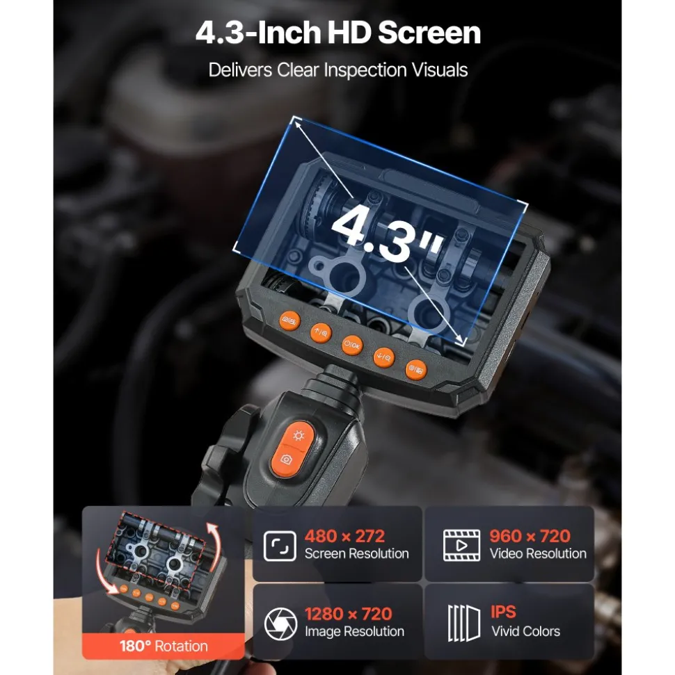 VEVOR Articulating Borescope Camera with Light, Two-Way Articulated Endoscope, 0.24" Slim Lens, 4.3" IPS Screen, 8X Zoom, IP67 Waterproof Inspection Camera for Auto, Mechanical Equipment (4.9FT Cable)
