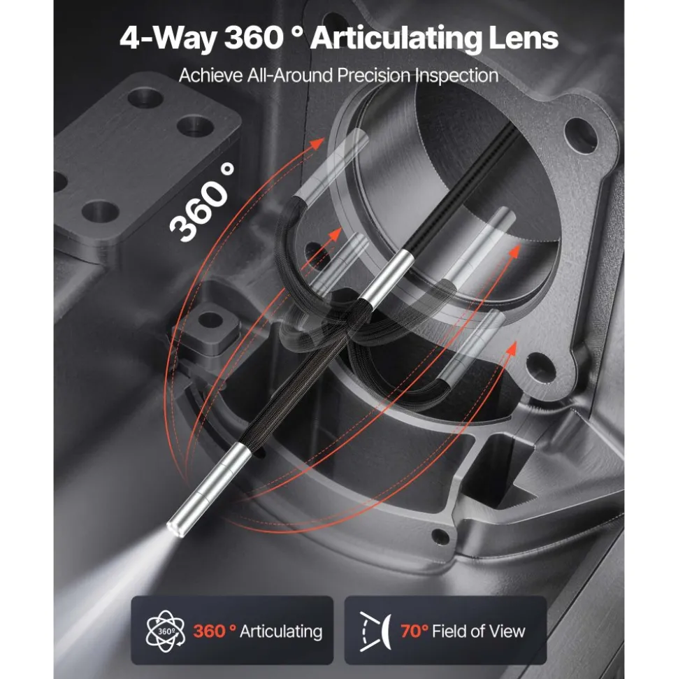 VEVOR Articulating Borescope with 3.9mm Ultra Slim Lens, 4-Way 360° Articulated Endoscope with Light, 4.5" HD IPS Screen, 8X Zoom Inspection Camera for Auto, Tight Mechanical Equipment (4.9FT Cable)