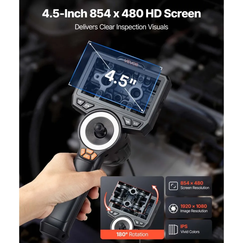 VEVOR Articulating Borescope with 3.9mm Ultra Slim Lens, 4-Way 360° Articulated Endoscope with Light, 4.5" HD IPS Screen, 8X Zoom Inspection Camera for Auto, Tight Mechanical Equipment (4.9FT Cable)