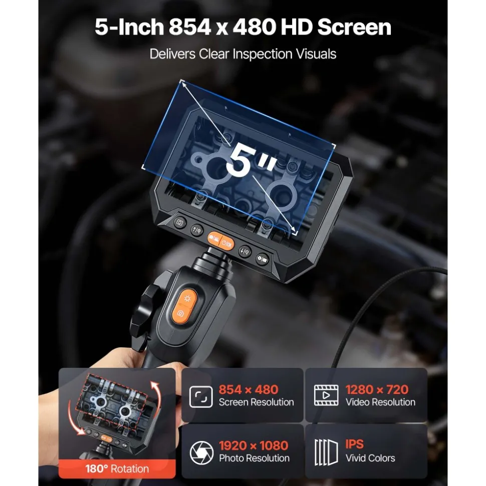 VEVOR Articulating Borescope with 0.15" Ultra Slim Lens, Two-Way Articulated Endoscope with Light, 5" HD IPS Screen, 8X Zoom, 5000mAh Inspection Camera for Auto, Tight Mechanical Spaces (4.9FT Cable)