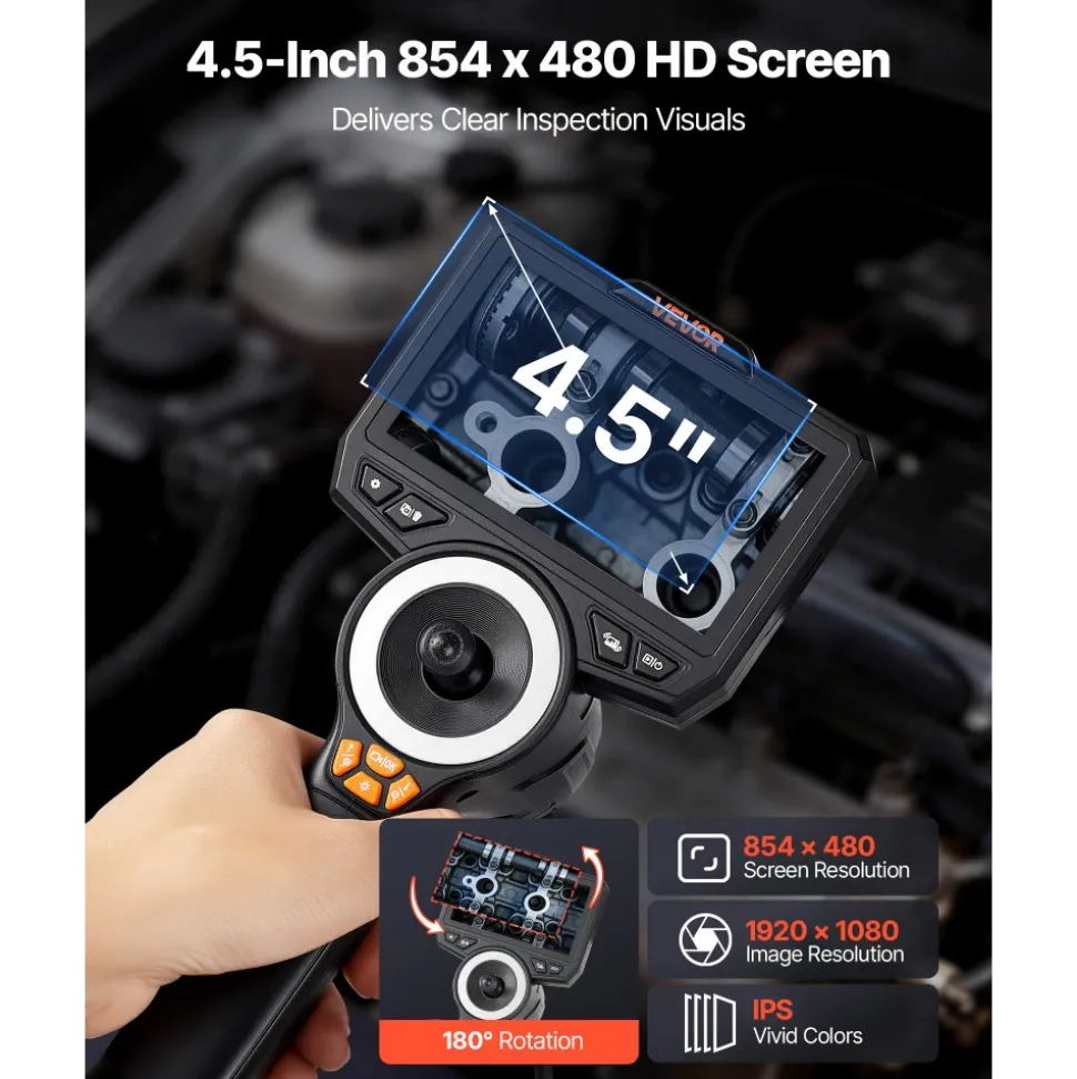 VEVOR Articulating Endoscope with Light, 4-Way 360° Articulated Borescope, 0.24" Slim Lens 1920 x 1080, 4.5" HD IPS Screen, 8X Zoom Inspection Camera for Auto, Mechanical Equipment (4.9FT Snake Cable)