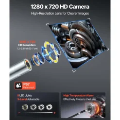 VEVOR Articulating Endoscope with Light, Two-Way Articulated Borescope Camera, 4.3" HD IPS Screen, 1280 x 720 Lens, 8X Zoom, IP67 Waterproof Inspection Snake Camera for Auto, Plumbing (4.9FT Cable)