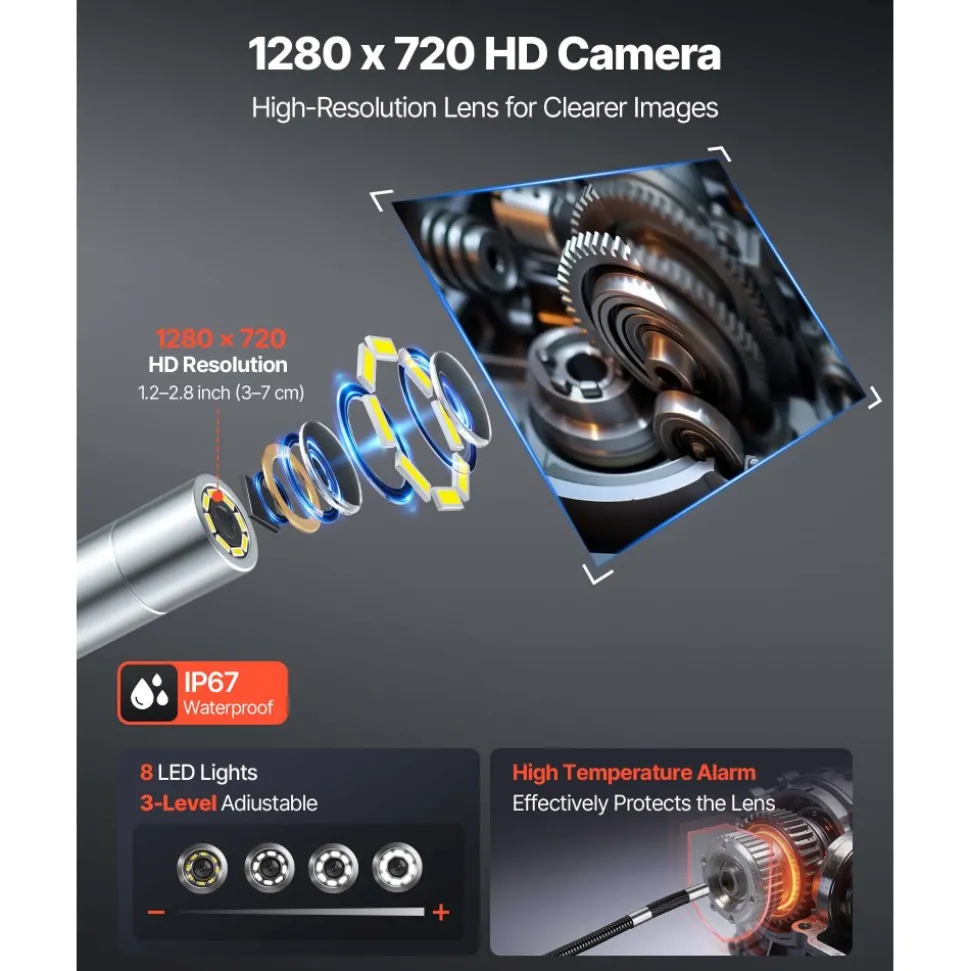 VEVOR Articulating Endoscope with Light, Two-Way Articulated Borescope Camera, 4.3" HD IPS Screen, 1280 x 720 Lens, 8X Zoom, IP67 Waterproof Inspection Snake Camera for Auto, Plumbing (4.9FT Cable)
