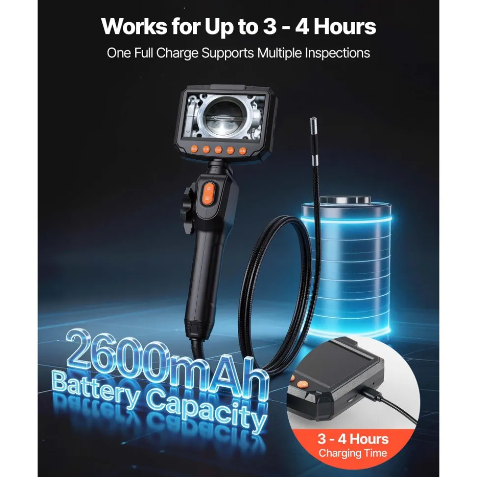 VEVOR Articulating Endoscope with Light, Two-Way Articulated Borescope Camera, 4.3" HD IPS Screen, 1280 x 720 Lens, 8X Zoom, IP67 Waterproof Inspection Snake Camera for Auto, Plumbing (4.9FT Cable)