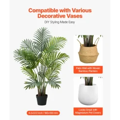 VEVOR Artificial Areca Palms 4 ft, 2 Pack Fake Palm Tropical Plants with White Tall Planter, Faux Floor Silk Plant in Pot, Large Tree for Home Office Living Room Decor House Warming, Indoor Outdoor