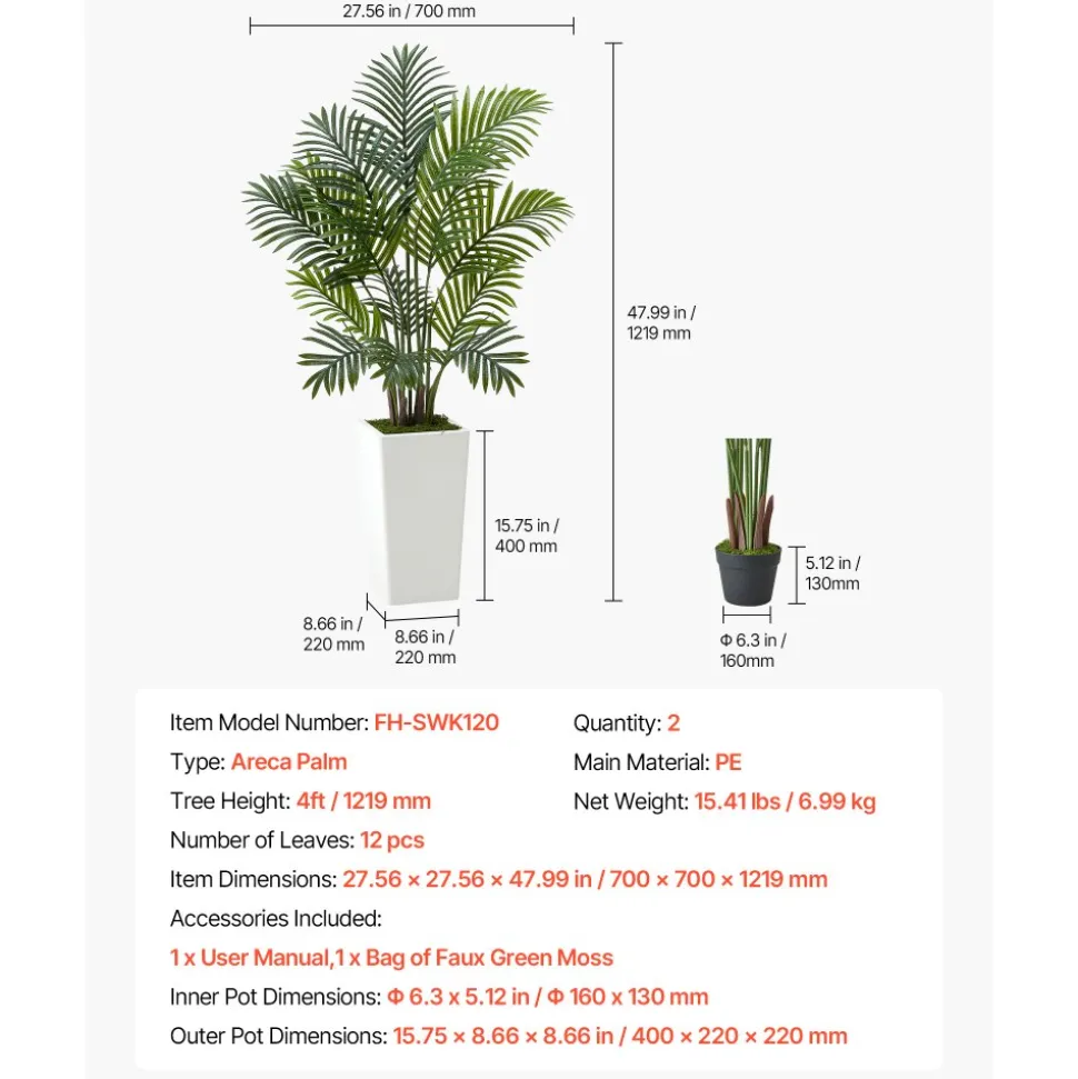 VEVOR Artificial Areca Palms 4 ft, 2 Pack Fake Palm Tropical Plants with White Tall Planter, Faux Floor Silk Plant in Pot, Large Tree for Home Office Living Room Decor House Warming, Indoor Outdoor