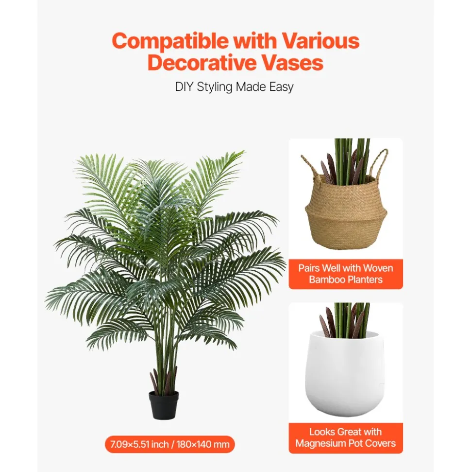 VEVOR Artificial Areca Palm Tree 6 ft, Fake Palm Tropical Plants with White Tall Planter, Faux Floor Silk Plant in Pot, Large Trees for Home Office Living Room Decor House Warming, Indoor Outdoor