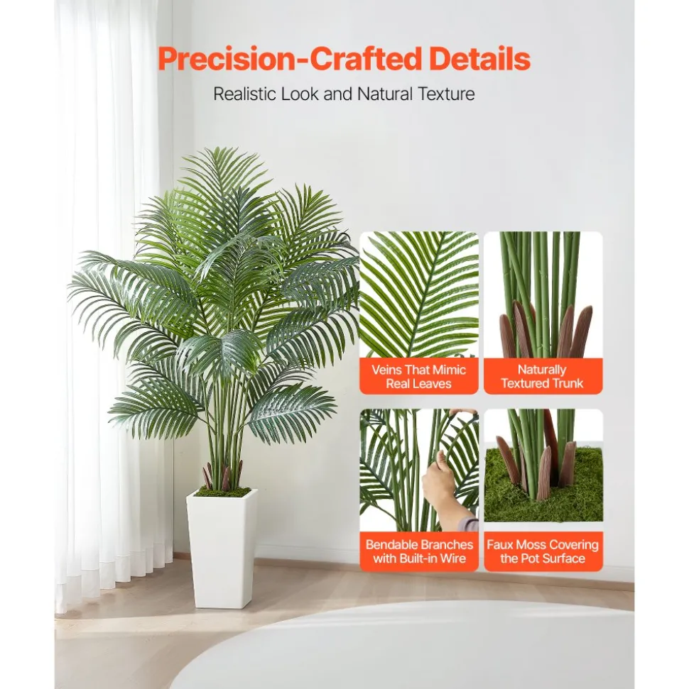 VEVOR Artificial Areca Palm Tree 6 ft, Fake Palm Tropical Plants with White Tall Planter, Faux Floor Silk Plant in Pot, Large Trees for Home Office Living Room Decor House Warming, Indoor Outdoor