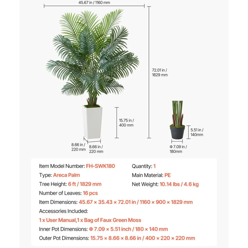 VEVOR Artificial Areca Palm Tree 6 ft, Fake Palm Tropical Plants with White Tall Planter, Faux Floor Silk Plant in Pot, Large Trees for Home Office Living Room Decor House Warming, Indoor Outdoor