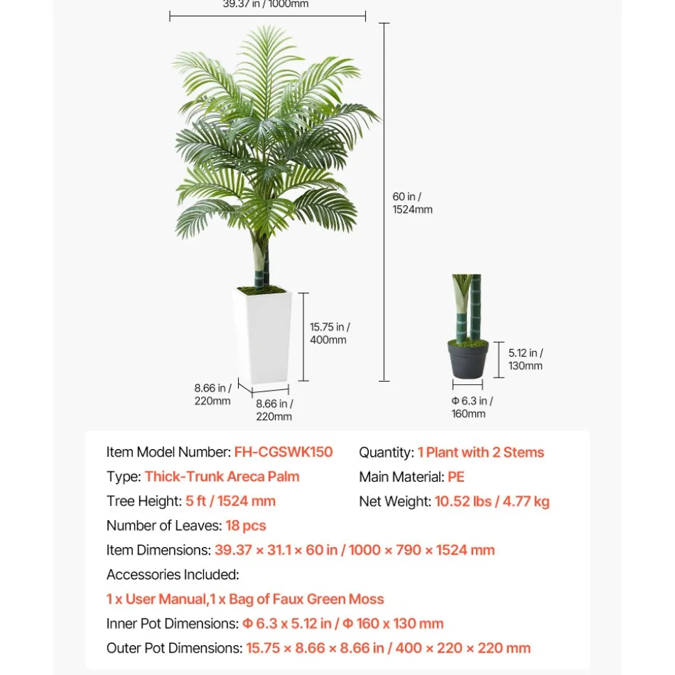 VEVOR Artificial Areca Palm Tree 5 ft, Fake Palm Tropical Plants with White Tall Planter, Faux Floor Silk Plant in Pot, Large Trees for Home Office Living Room Decor House Warming, Indoor Outdoor