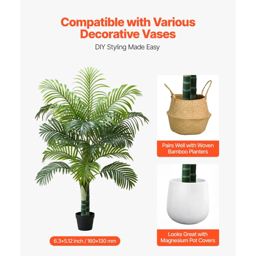 VEVOR Artificial Areca Palm Tree 5 ft, Fake Palm Tropical Plants with White Tall Planter, Faux Floor Silk Plant in Pot, Large Trees for Home Office Living Room Decor House Warming, Indoor Outdoor