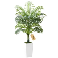 VEVOR Artificial Areca Palm Tree 5 ft, Fake Palm Tropical Plants with White Tall Planter, Faux Floor Silk Plant in Pot, Large Trees for Home Office Living Room Decor House Warming, Indoor Outdoor