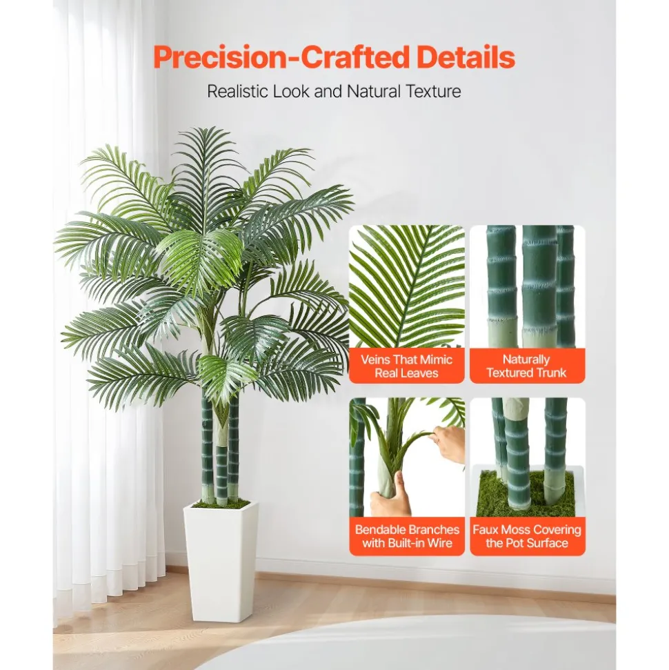 VEVOR Artificial Areca Palm Tree 6 ft, Fake Palm Tropical Plants with White Tall Planter, Faux Floor Silk Plant in Pot, Large Trees for Home Office Living Room Decor House Warming, Indoor Outdoor