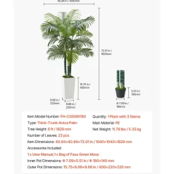 VEVOR Artificial Areca Palm Tree 6 ft, Fake Palm Tropical Plants with White Tall Planter, Faux Floor Silk Plant in Pot, Large Trees for Home Office Living Room Decor House Warming, Indoor Outdoor