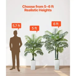 VEVOR Artificial Areca Palm Tree 6 ft, Fake Palm Tropical Plants with White Tall Planter, Faux Floor Silk Plant in Pot, Large Trees for Home Office Living Room Decor House Warming, Indoor Outdoor