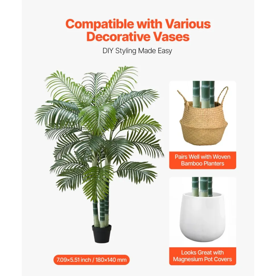 VEVOR Artificial Areca Palm Tree 6 ft, Fake Palm Tropical Plants with White Tall Planter, Faux Floor Silk Plant in Pot, Large Trees for Home Office Living Room Decor House Warming, Indoor Outdoor
