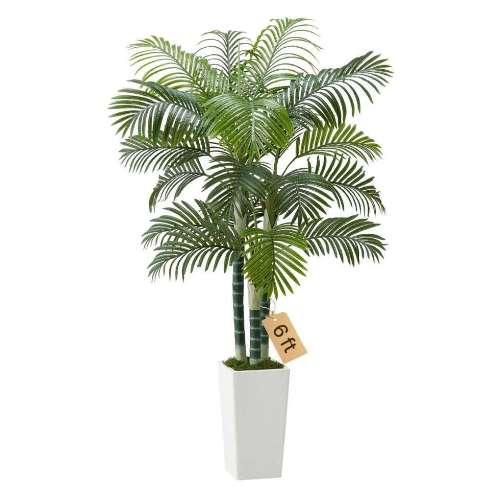 VEVOR Artificial Areca Palm Tree 6 ft, Fake Palm Tropical Plants with White Tall Planter, Faux Floor Silk Plant in Pot, Large Trees for Home Office Living Room Decor House Warming, Indoor Outdoor