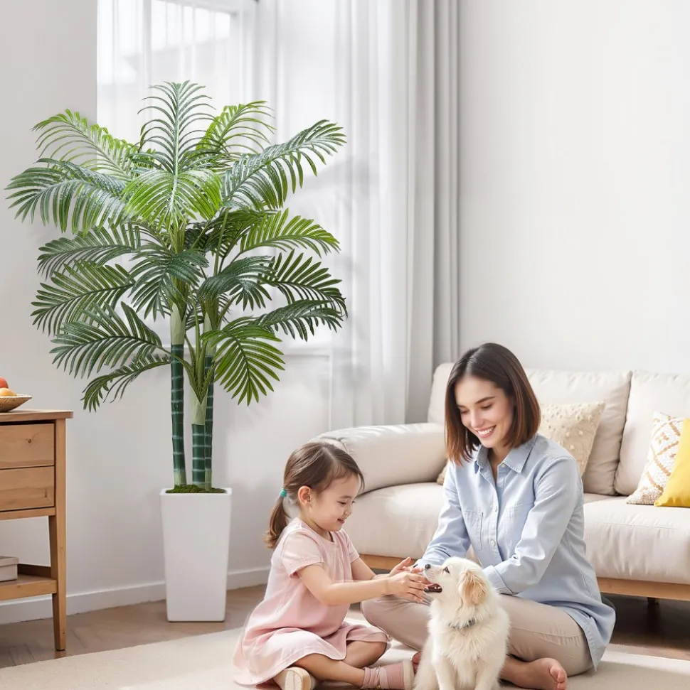 VEVOR Artificial Areca Palm Tree 6 ft, Fake Palm Tropical Plants with White Tall Planter, Faux Floor Silk Plant in Pot, Large Trees for Home Office Living Room Decor House Warming, Indoor Outdoor