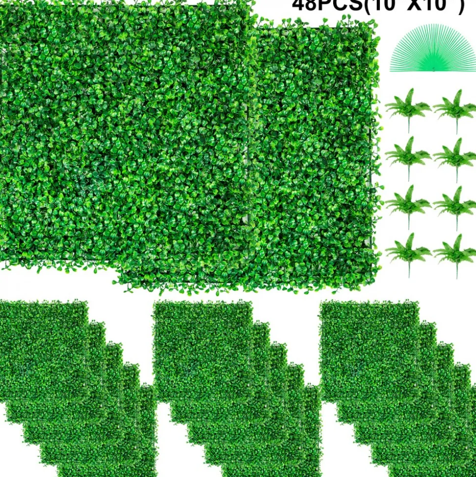 VEVOR Artificial Boxwood Panel UV 48pcs Boxwood Hedge Wall Panels Artificial Grass Backdrop Wall 10X10" 4cm Green Grass Wall Fake Hedge for Decor Privacy Fence Indoor Outdoor Garden Backyard