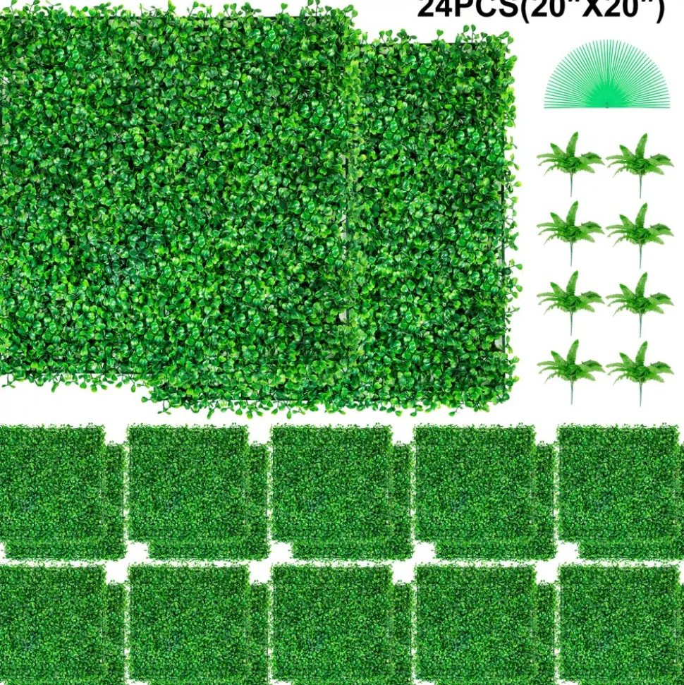 VEVOR Artificial Boxwood Panel UV 24pcs Boxwood Hedge Wall Panels Artificial Grass Backdrop Wall 20" X 20" 4 cm Green Grass Wall Fake Hedge for Decor Privacy Fence Indoor Outdoor Garden Backyard