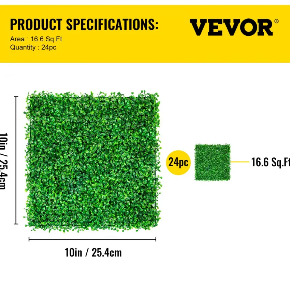 VEVOR Artificial Boxwood Panel UV 24pcs Boxwood Hedge Wall Panels Artificial Grass Backdrop Wall 10" X 10" 4 cm Green Grass Wall, Fake Hedge for Decor Privacy Fence Indoor, Outdoor Garden Backyard