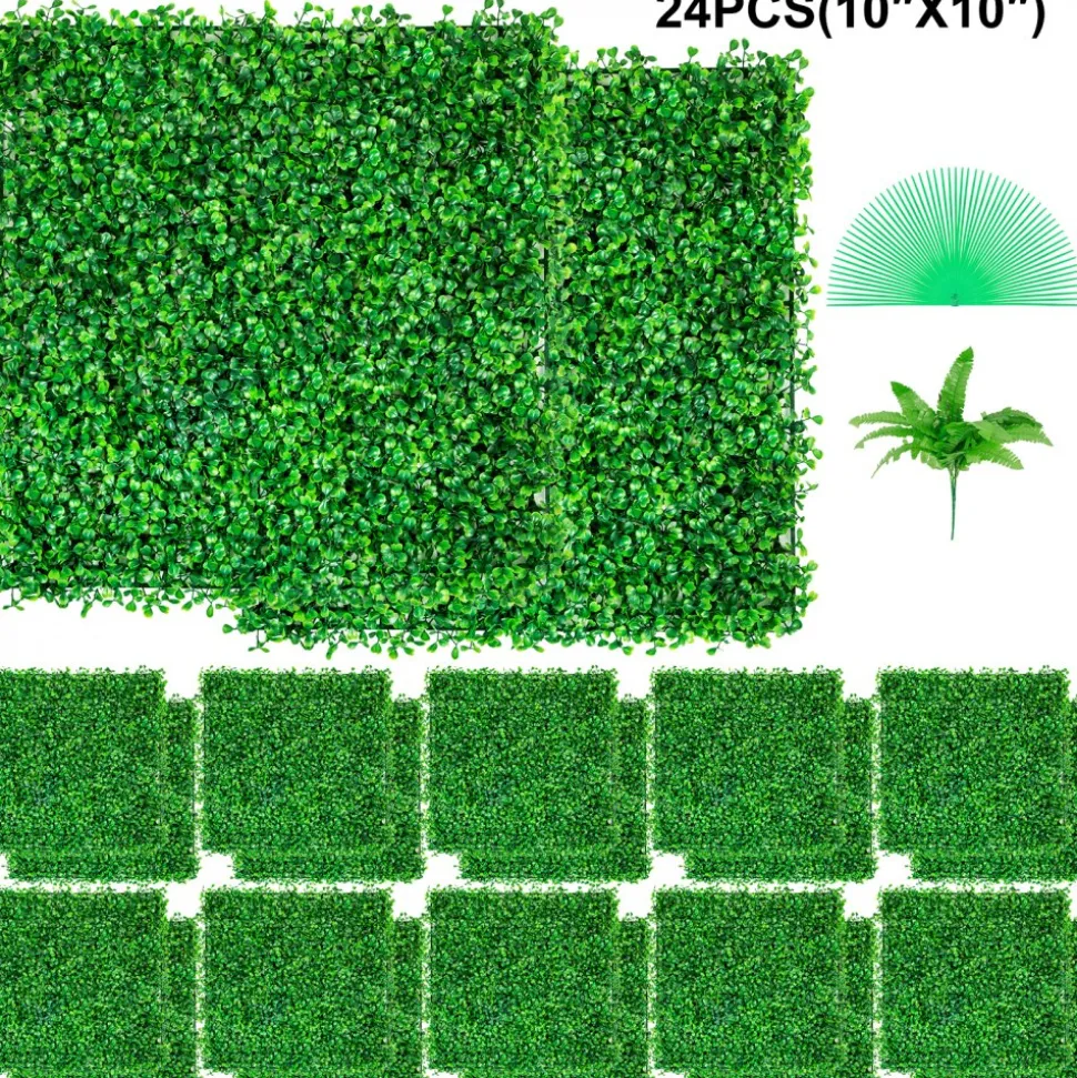 VEVOR Artificial Boxwood Panel UV 24pcs Boxwood Hedge Wall Panels Artificial Grass Backdrop Wall 10" X 10" 4 cm Green Grass Wall, Fake Hedge for Decor Privacy Fence Indoor, Outdoor Garden Backyard