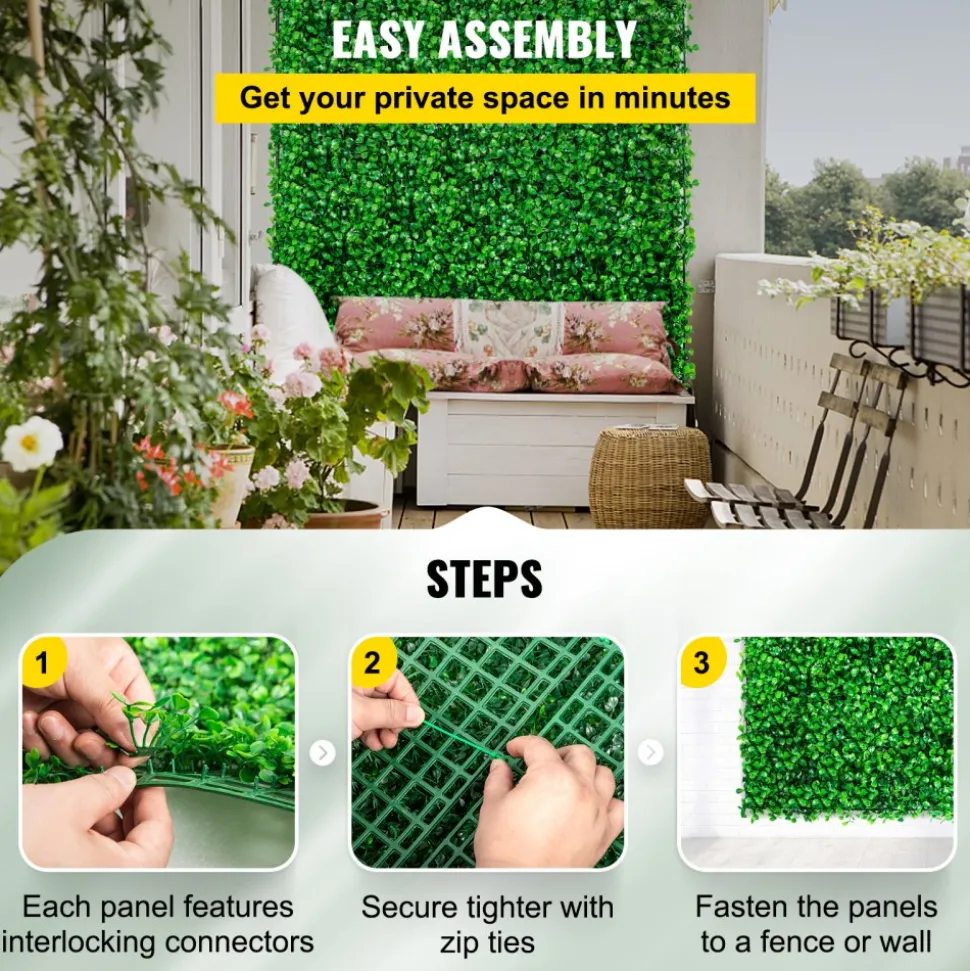 VEVOR Artificial Boxwood Panel UV 24pcs Boxwood Hedge Wall Panels Artificial Grass Backdrop Wall 10" X 10" 4 cm Green Grass Wall, Fake Hedge for Decor Privacy Fence Indoor, Outdoor Garden Backyard