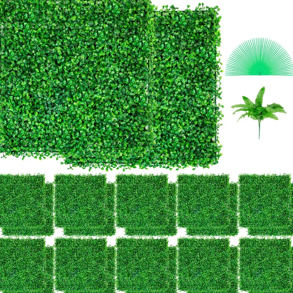 VEVOR Artificial Boxwood Panel UV 24pcs Boxwood Hedge Wall Panels Artificial Grass Backdrop Wall 10" X 10" 4 cm Green Grass Wall, Fake Hedge for Decor Privacy Fence Indoor, Outdoor Garden Backyard