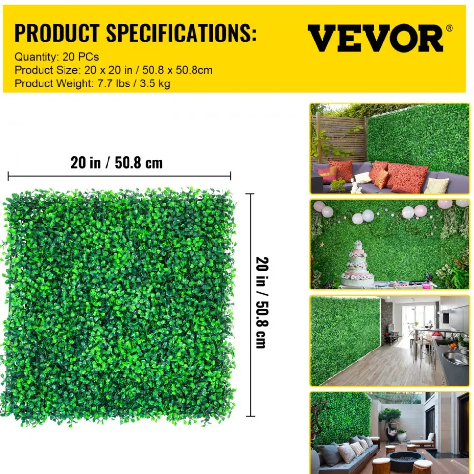 VEVOR Artificial Boxwood Panels, 20 PCS 20"x20" Boxwood Hedge Wall Panels, PE Artificial Grass Backdrop Wall 1.6", Privacy Hedge Screen for Decoration of Outdoor, Indoor, Garden, Fence, and Backyar