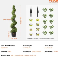 VEVOR Artificial Boxwood Topiary Tree, 60 inch Tall (2 Pieces), Spiral Faux Topiary Trees, Faux Plant w/ Extra Leaves & Pot & Small Decoration, UV Rated Greenery Set for Home Decor Indoor/Outdoor
