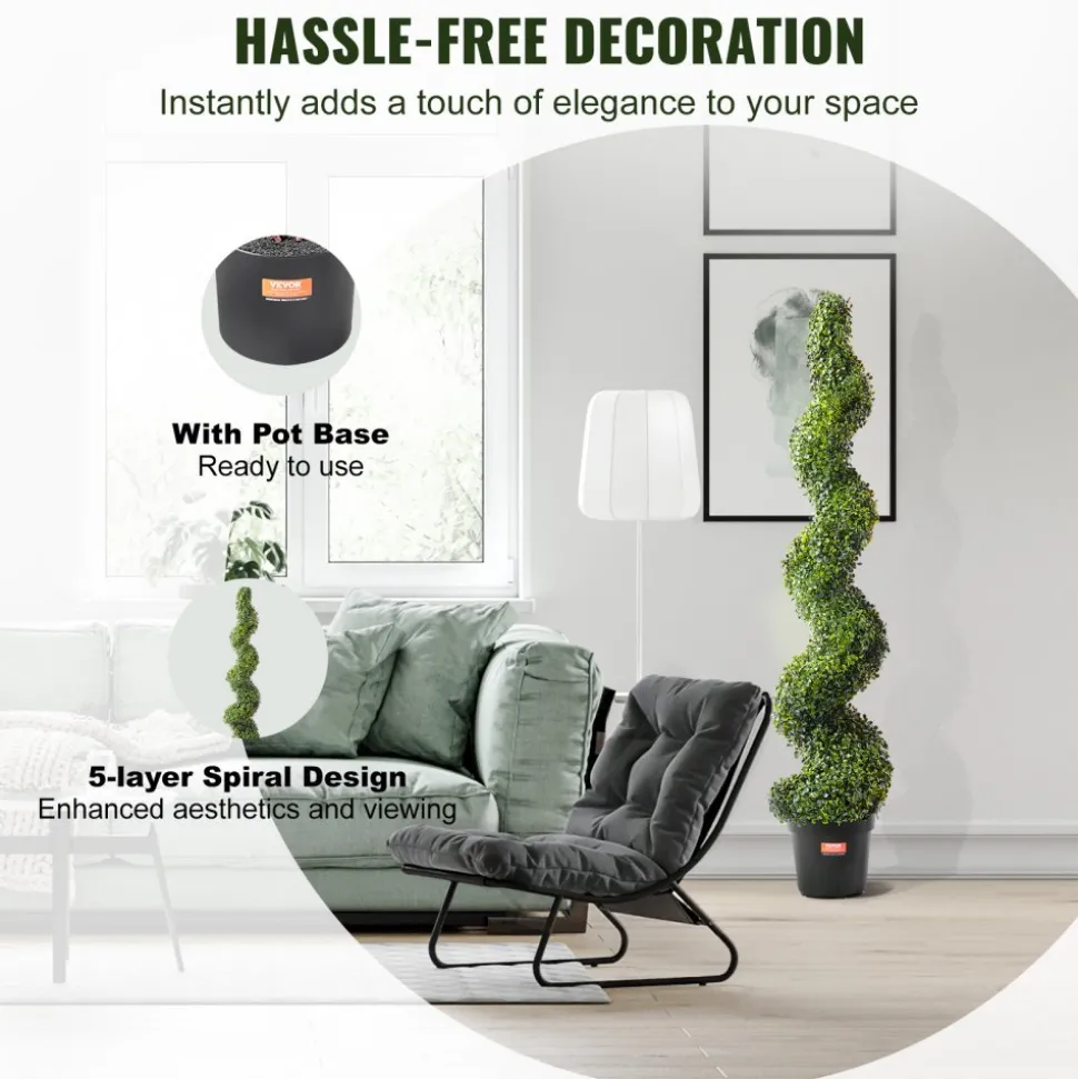 VEVOR Artificial Boxwood Topiary Tree, 60 inch Tall (2 Pieces), Spiral Faux Topiary Trees, Faux Plant w/ Extra Leaves & Pot & Small Decoration, UV Rated Greenery Set for Home Decor Indoor/Outdoor